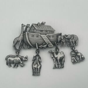 Vintage JJ Jonette Brooch Pin Pewter Noahs Ark Dangling Animals Pairs Charms